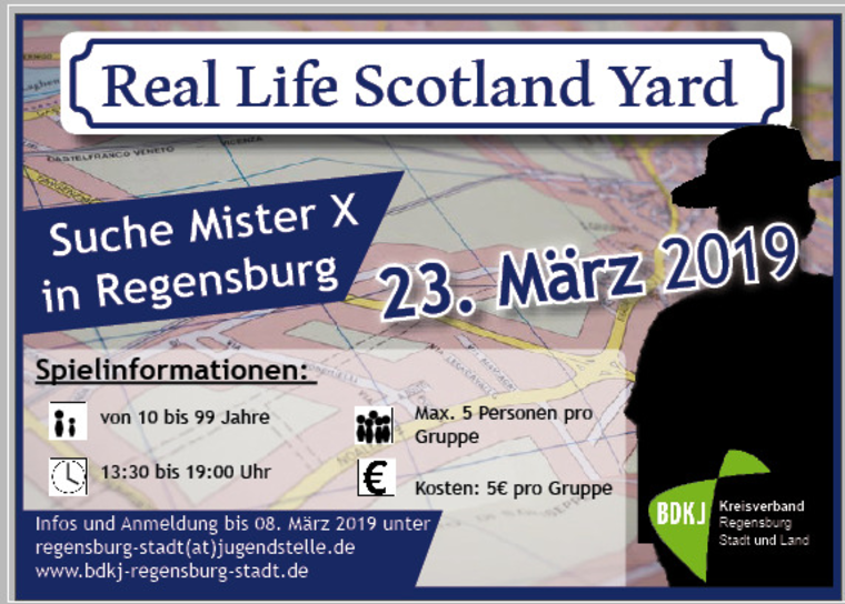 Werbepostkarte für die Veranstaltung "Suche nach Mister X"