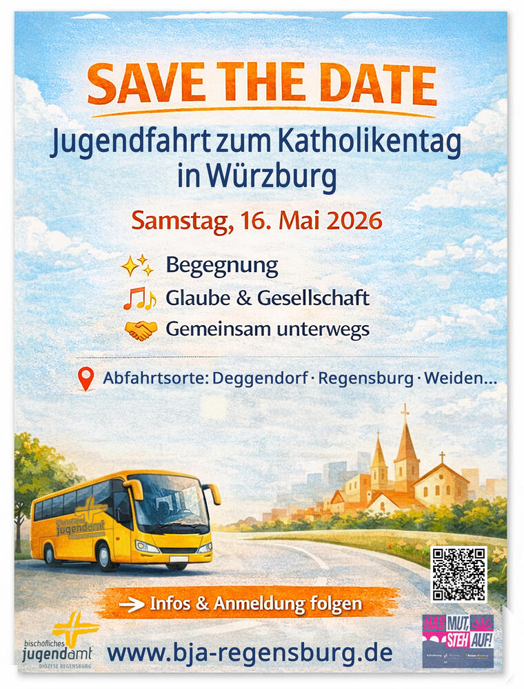 Ein gezeichnetes Plakat mit einem Bus, als Einladung zu einer Jugendfahrt zum Katholikentag 2026 nach Würzburg