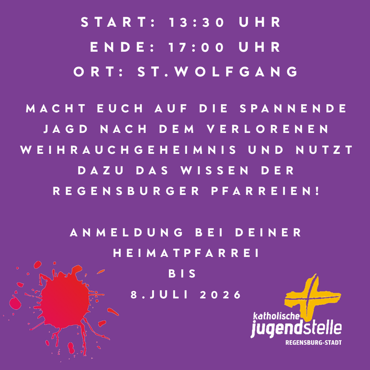 Weiße Schrift auf lila Hintergrund: Einladungstext zu einem Ministrantentag am 25. Juli 2026 in Regensburg, St. Wolfgang
